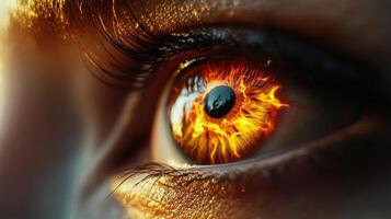 Close-up of a striking eye with flames dancing in the iris, a mesmerizing display of fiery color and intense emotion. photo