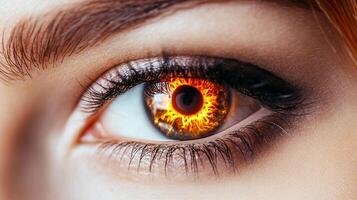 A striking close-up of a human eye with an iris that seems to contain fire, creating an intense and otherworldly visual effect. photo