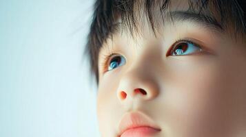 Introspective child gazing upwards. Bright eyes and soft light create a sense of wonder and innocence. Represents hope and future. photo