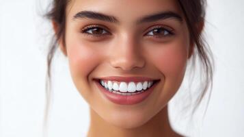 Radiant smile illuminating a youthful face, showcasing perfect teeth and a warm, inviting expression of joy and happiness. photo