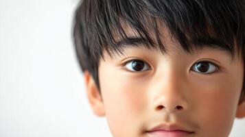 Close-up of a young boy's face. The child has black hair and brown eyes. He looks directly at the camera. Background is plain and white. photo