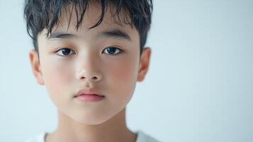 A close-up of a young boy with a gentle expression, looking directly at the camera, against a plain, light-colored background. photo