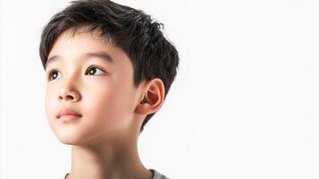 Young Asian boy with dark hair and light skin gazes off into the distance on a clean white background, thinking or imagining the future. photo