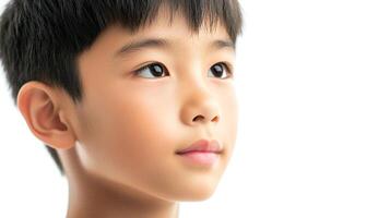 Portrait of a young boy gazing upwards with a soft, contemplative expression against a clean, bright white background. photo