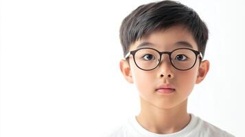 Portrait of a young boy with dark hair and glasses. He is wearing a white shirt and looking directly at the camera on a white background. photo