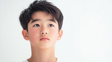 Focused young boy looks up against a pristine white backdrop, his eyes filled with curiosity and contemplation in a simple portrait. photo