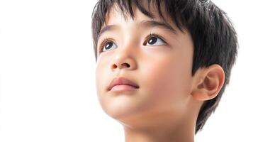 Boy looks upward with wonder, eyes wide with curiosity, bathed in soft, even light. Portrait captures innocence and youthful contemplation. photo