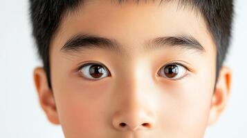 Close-up of a young child's face focusing on their eyes, capturing innocence and youthful expression in a minimalistic portrait. photo