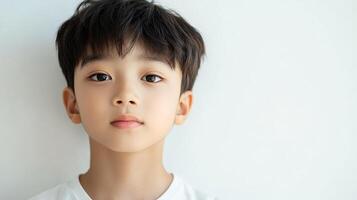 Portrait of a young boy with a calm expression against a plain white background, emphasizing childhood innocence and youthful countenance. photo