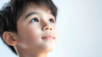 Young boy gazes upward, his face filled with wonder and curiosity, a hopeful expression shining in his eyes against a simple white backdrop. photo
