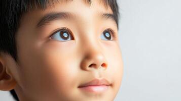 A young, Asian boy looks upwards with focused eyes, showcasing his youthful curiosity and innocence against a plain background. photo