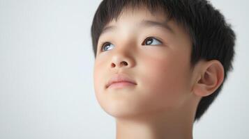 Focused young boy gazes upward with a hopeful expression, suggesting dreams and aspirations. A portrait of innocence and anticipation. photo