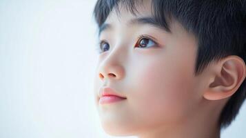 Boy looks upward with a thoughtful expression. His features are highlighted against a white background emphasizing innocence and childhood wonder. photo