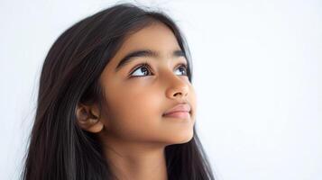 Young girl gazes upward with a look of hope and wonder, lost in thought against a simple backdrop. Innocence captured in her expression. photo