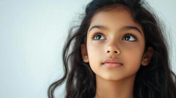 Young girl looking up with an inquisitive expression, showcasing innocence and childhood wonder in a minimalist studio setting. photo