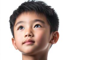 Focused young boy looking upwards, his gaze filled with curiosity and a hint of daydreaming. Represents innocence and wonder. photo
