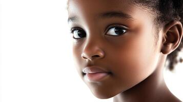 Close-up portrait of a child's face featuring their beautiful brown eyes, smooth skin, and soft facial features against a bright background. photo