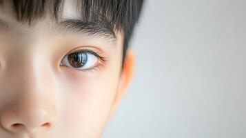 An extreme close-up captures the details of a person's face, emphasizing their eye and skin texture against a minimalist, light-toned backdrop. photo