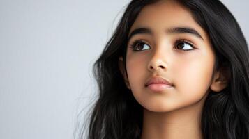 Serene portrait of a young girl with dark hair looking towards the upper left, showcasing her calm and reflective expression. photo