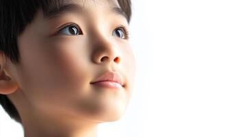 A child gazes upwards with wonder, their clear eyes reflecting curiosity and hope in a serene, brightly lit environment. photo