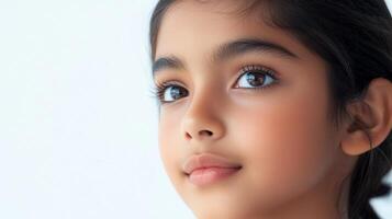 Portrait of a beautiful young girl with dark hair and brown eyes gazing upwards with a contemplative expression on a light background. photo