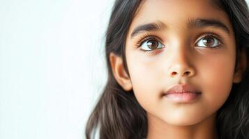Close-up portrait of a young girl with brown eyes and long, dark hair looking upwards against a plain background, creating a sense of innocence. photo