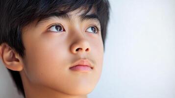 Pensive young person, looking thoughtfully upwards. A close-up captures the smooth skin and inquisitive gaze of a thoughtful youth. photo