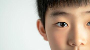 Child portrait featuring the eye and eyebrow in sharp focus, soft light highlights skin details against a blurred background. photo