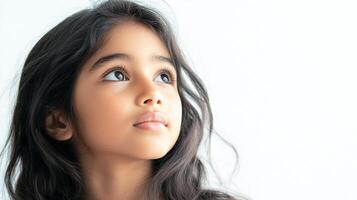 Young girl gazing upwards with a thoughtful expression. She seems hopeful and optimistic as she looks above the viewer. photo