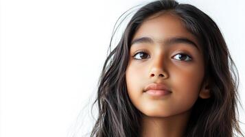 A beautiful, young girl with dark hair stares intently into the camera with soft lighting on her face. She is against a bright white backdrop. photo