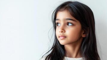Focused young girl gazing thoughtfully, anticipation evident in her dark eyes and poised expression against a neutral, simple backdrop. photo