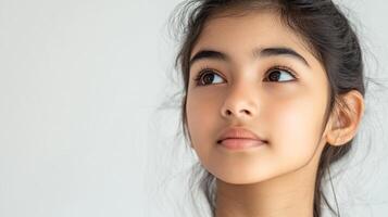 Young girl with thoughtful expression gazing upwards, soft light illuminating her face, against a simple background. Innocent and calm mood. photo