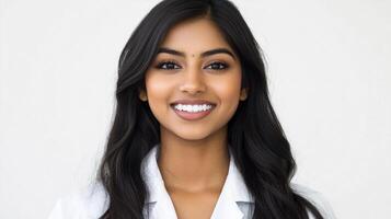 Portrait of a beautiful woman with dark hair and a white coat, smiling against a plain backdrop. Radiant skin and warm expression. photo