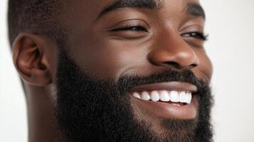 Radiant smile of a confident Black man, showcasing health and joy with a positive expression. Close-up capturing genuine happiness. photo