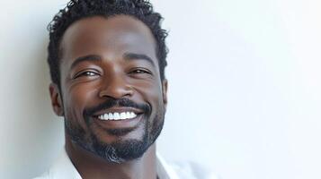 Smiling dark-skinned man with a beard, showcasing joy and approachability. Clear skin and bright eyes enhance his warm, inviting presence. photo