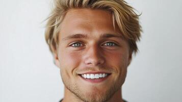 Portrait of a smiling young man with blond hair and blue eyes looking directly at the viewer against a light background, with a warm expression. photo