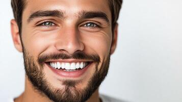 A bearded man with a bright smile and kind eyes. He has a tan complexion and a happy expression. Background is plain and simple. photo
