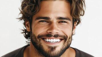 Close-up portrait of a smiling man with a beard, showcasing healthy teeth and a joyful expression against a plain background. photo