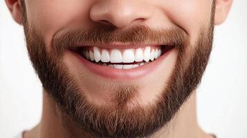 Close-up of a person smiling, showcasing bright white teeth and a well-groomed beard against a plain background for a clean and modern aesthetic. photo