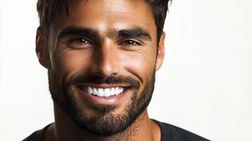 Handsome man with a confident smile, showcasing his healthy teeth and well-groomed beard against a bright white background. photo