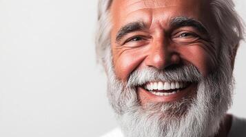A close up portrait of a smiling older man with grey hair and a beard, showcasing a friendly and approachable personality. photo