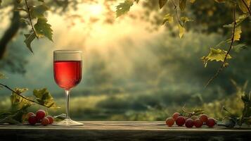 A glass of fruit juice rests on a wooden surface, with grapes and foliage, illuminated by soft, golden light against a nature backdrop. photo
