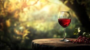 A glass of red wine sits gracefully on a wooden table outdoors, grapes nearby. The sunlight filters through the trees. photo