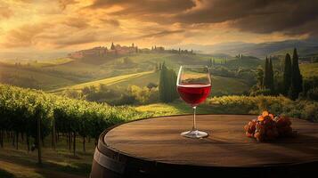 A glass of red wine and grapes rests on a barrel overlooking a scenic vineyard landscape, inviting relaxation and enjoyment of nature's beauty. photo