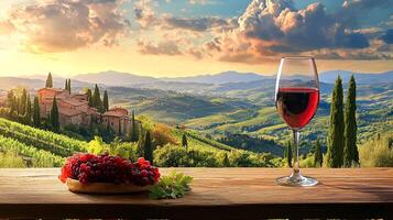 Scenic view of rolling hills with a glass of red wine and grapes on a wooden table, capturing the essence of vineyard lifestyle. photo