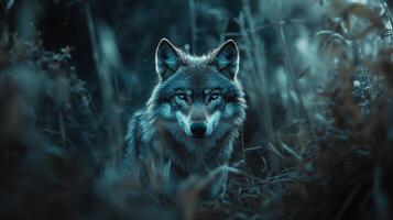 A striking wolf portrait, captured in a wild, grassy field, gazing directly forward with intense eyes under a night time cold light. photo