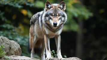 A grey wolf standing alert and watchful on a rocky outcropping, its keen gaze focused ahead in the verdant forest. Wild and free. photo