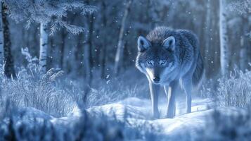 A lone wolf in a snowy, frosted landscape presents a powerful image. The wolf's piercing gaze conveys a sense of wildness and serenity. photo