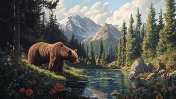 A brown bear by a calm lake surrounded by a flower meadow, against a backdrop of forest and majestic snow-capped mountains. photo