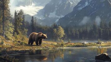 Brown bear by a calm lake, nestled within a forest and framed by snow-capped mountains. A serene wildlife landscape. photo
